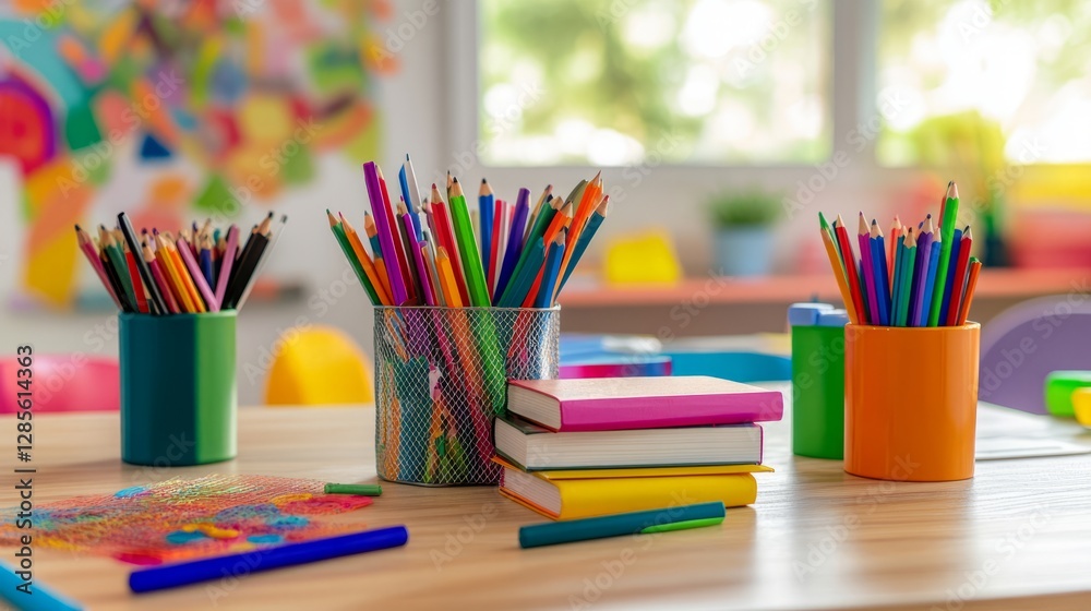 Fototapeta premium Neat stack of school books on a wooden desk, symbolizing focus and organized learning. 