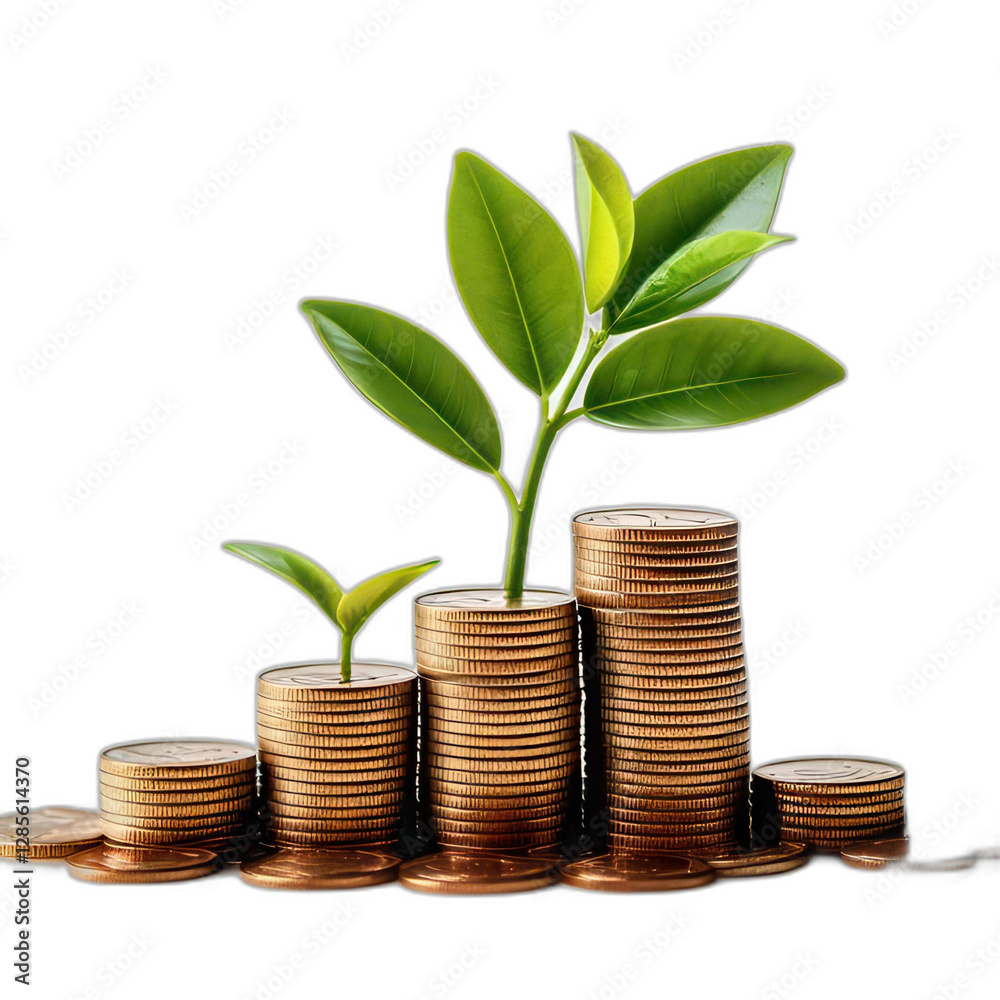 Stack of Coins with a Growing Plant Symbolizing Financial Growth on white Stack of Coins with a Growing Plant Symbolizing Financial Growth on white