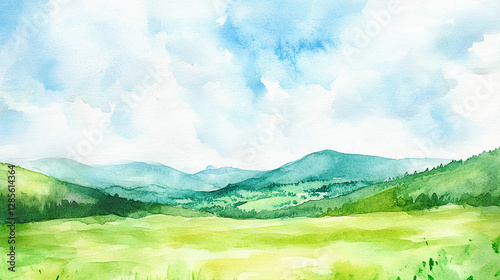 水彩風の美しい緑の丘と青空の風景