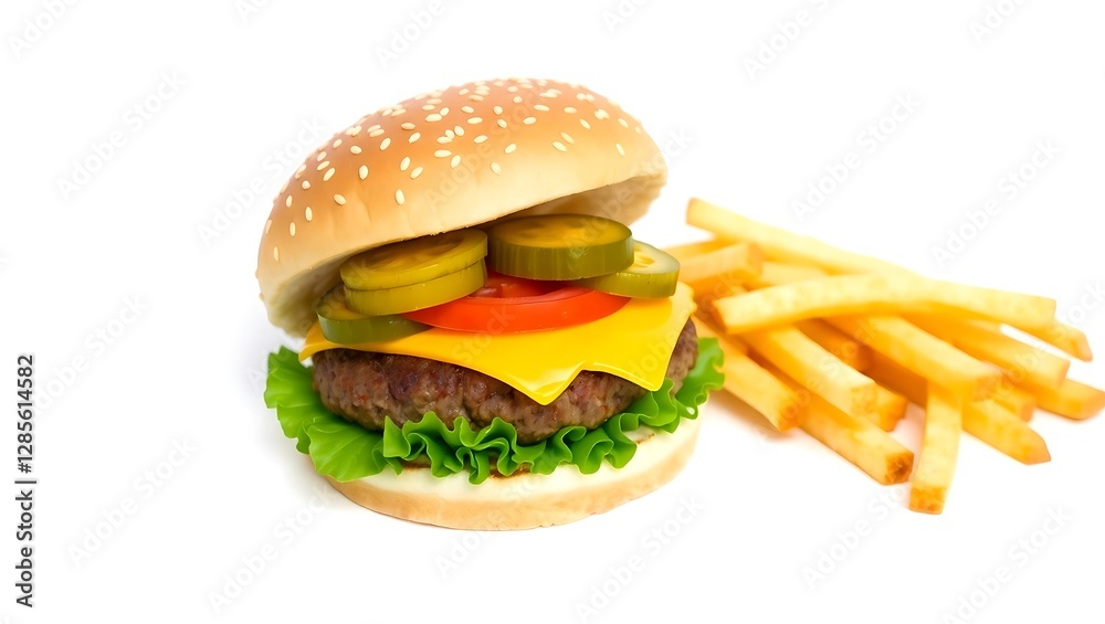 Delicious cheeseburgers with different toppings and buns.Homemade cheeseburger with cheese and vegetables served with french fries and salad Delicious cheeseburgers with different toppings and buns.Homemade cheeseburger with cheese and vegetables served with french fries and salad