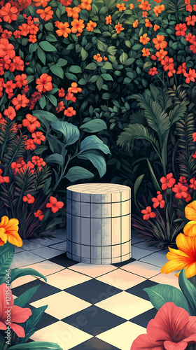 Contemporary Low Podium in Flat Design Featuring a Crisp Checkered Base and Eye-Catching Neon Floral Details for Product Placement