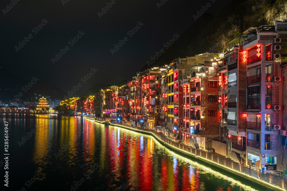 Night view of Zhenyuan Ancient Town, Guizhou, China