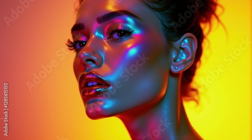Artistic portrait of a young woman with iridescent reflections on her face. A fusion of fashion, cyberpunk, and beauty in a modern, cinematic aesthetic