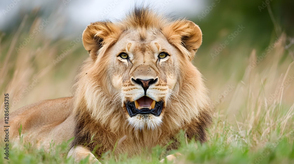 Majestic lion with a lush mane lying on the grass in a natural habitat : Generative AI
