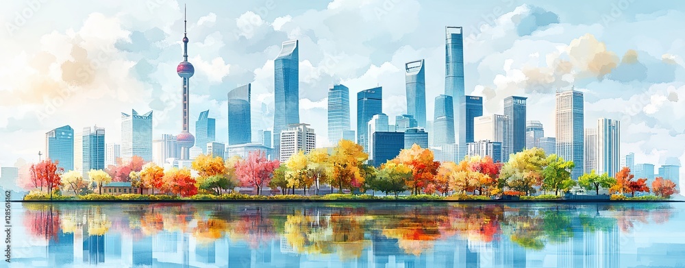 Fototapeta premium City skyline with vibrant autumn foliage.