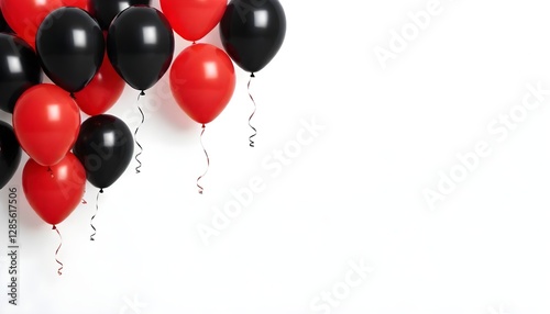 Red and black balloons floating against a white background