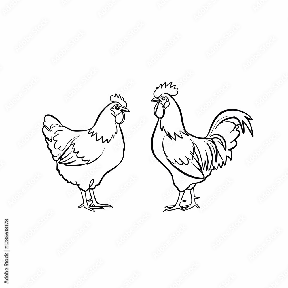 Fototapeta premium rooster and hen outline, drawing for coloring