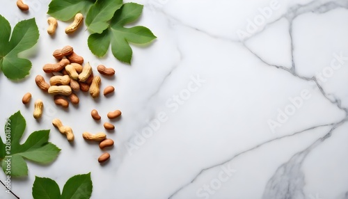 Wallpaper Mural Green leaves, peanuts, and peanut shells on a white marble background Torontodigital.ca