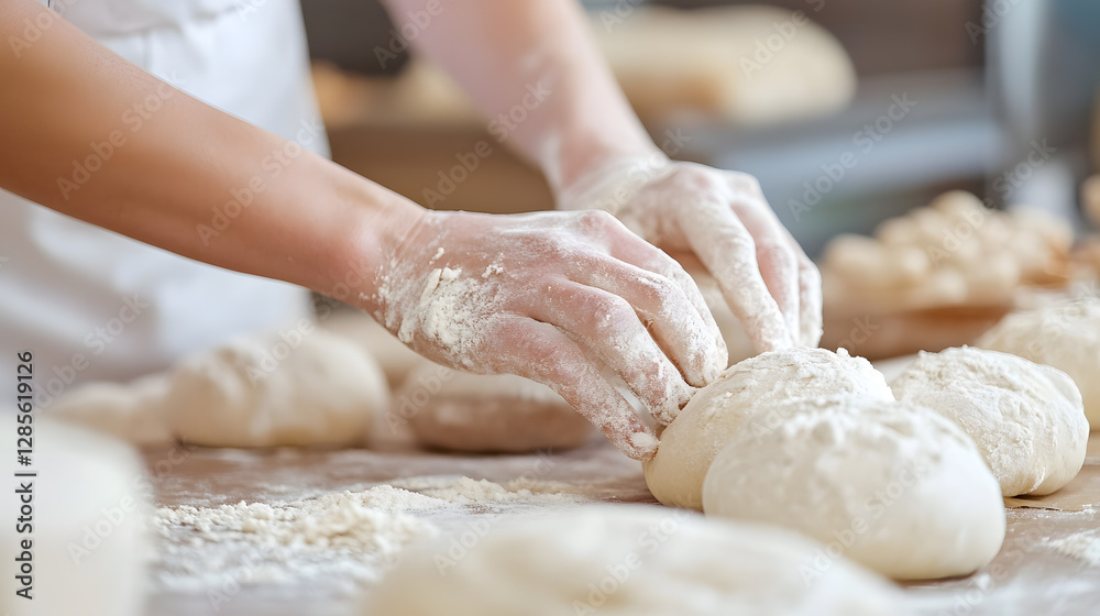 Hands Kneading Fresh Dough in a Cozy Artisan Bakery Setting : Generative AI Hands Kneading Fresh Dough in a Cozy Artisan Bakery Setting : Generative AI