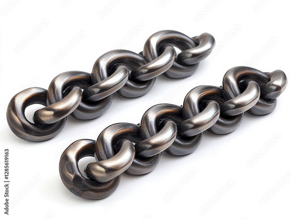 Two Metal Chains on a White Background, Showing Interlocking Links, Strength and Connection, Close Up, Abstract Composition for Concepts and Projects. Two Metal Chains on a White Background, Showing Interlocking Links, Strength and Connection, Close Up, Abstract Composition for Concepts and Projects.