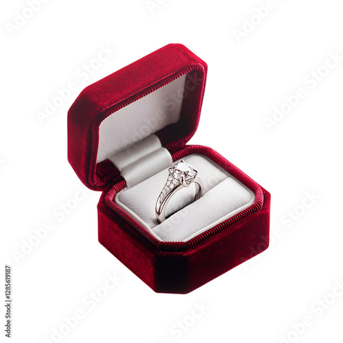 Velvet Jewelry Box with Diamond Engagement Ring Isolated on Transparent Background