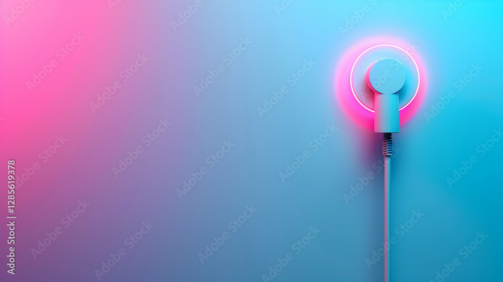 Modern minimalist wall with glowing neon light fixture and cable against a gradient background Modern minimalist wall with glowing neon light fixture and cable against a gradient background
