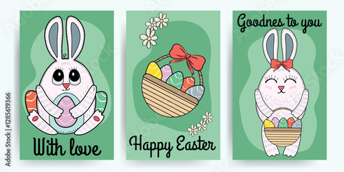 Collection of vector Easter cards. Basket with eggs. Easter eggs. Rabbit