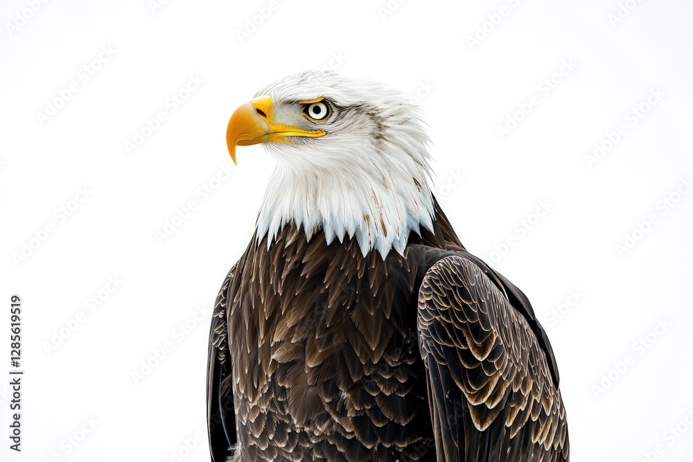 Fototapeta premium A powerful eagle standing tall, sharp beak and piercing eyes focused against a white background