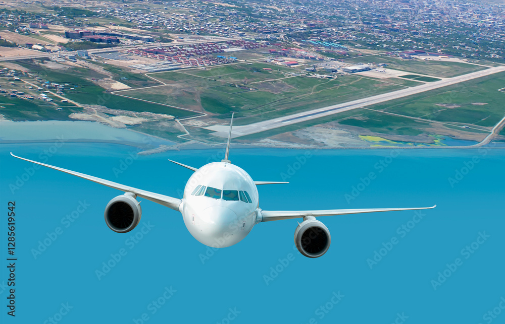 White passenger airplane flying in the sky amazing clouds in the background - Travel by air transport