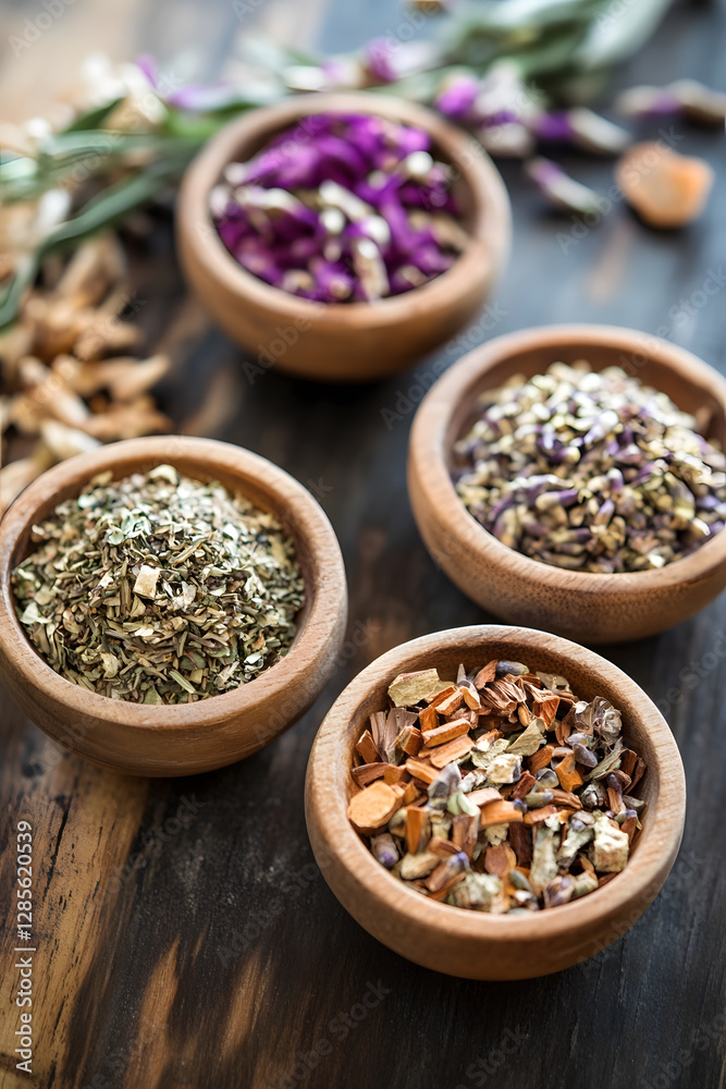Assorted Herbal Spices in Wooden Bowls on Rustic Background for Culinary and Aromatic Uses : Generative AI Assorted Herbal Spices in Wooden Bowls on Rustic Background for Culinary and Aromatic Uses : Generative AI