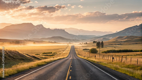 An aesthetic road trip background wallpaper capturing the essence of adventure and freedom. A scenic open road stretches into the horizon, surrounded by breathtaking landscapes such as rolling hills, 