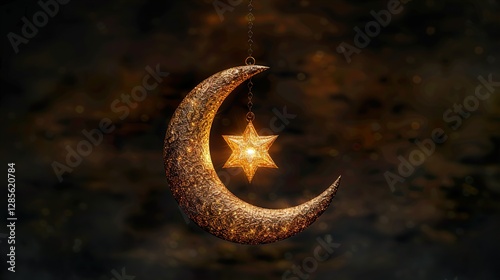 Hanging golden moon and star lamp islamic arabian ornamental eid ramadan template  HD 8K wallpaper Photographic Image