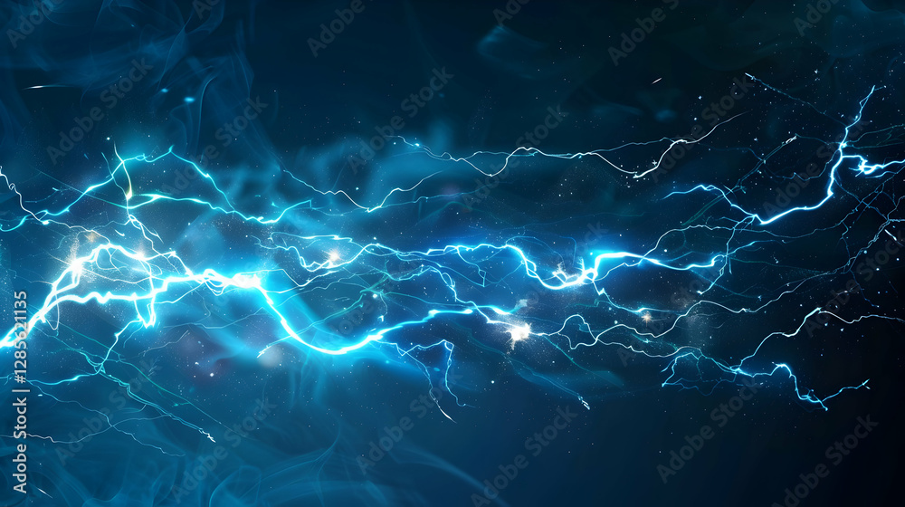 Obraz premium Abstract blue lightning bolts illuminating a dark background with swirling mist, creating dynamic energy