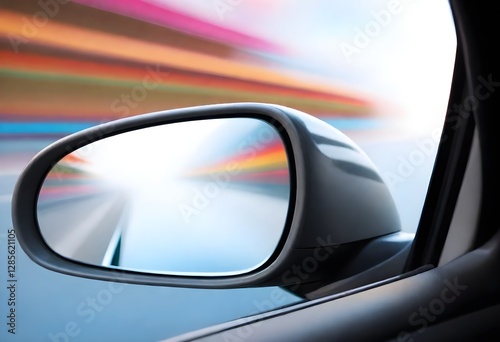 A side view mirror of a car with a blurred, colorful background, suggesting high speed motion