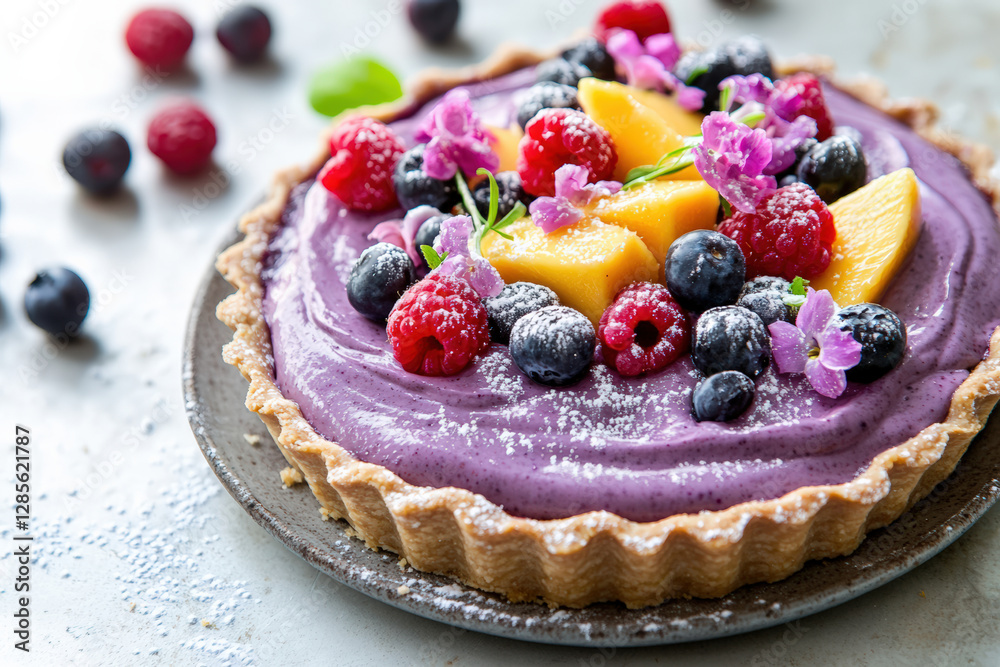 A beautifully decorated purple tart with fresh mango slices, blueberries, raspberries, edible flowers, and powdered sugar on a ceramic plate. A beautifully decorated purple tart with fresh mango slices, blueberries, raspberries, edible flowers, and powdered sugar on a ceramic plate.
