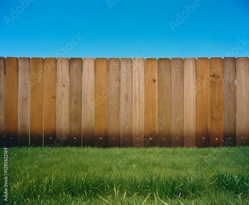 A wooden fence with vertical planks against a clear blue sky, with a lush green grass lawn in the foreground