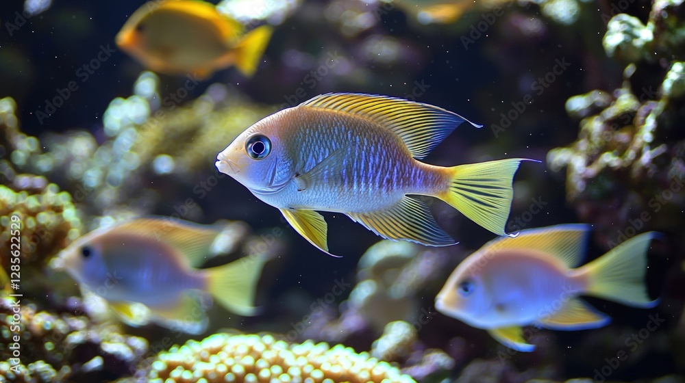 A school of tropical fish swimming through crystal-clear coral reefs A school of tropical fish swimming through crystal-clear coral reefs