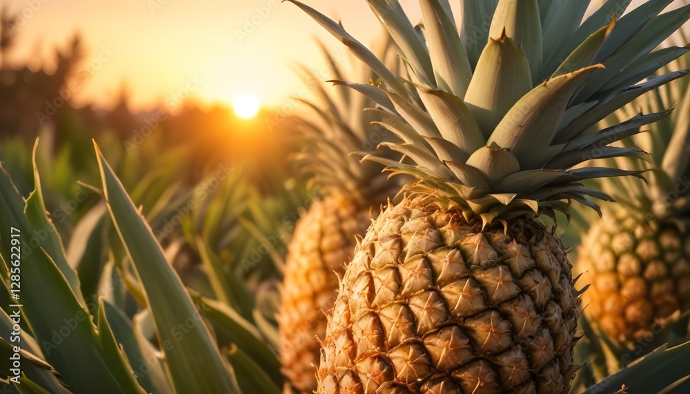 Obraz premium pineapples growing on a plant, with a warm, golden sunset in the background