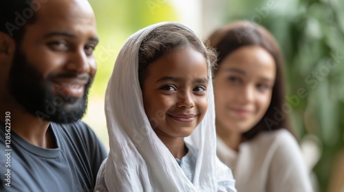 Smiling young girl with her family in a relaxed setting, wearing a white headscarf and sitting indoors, looking happy