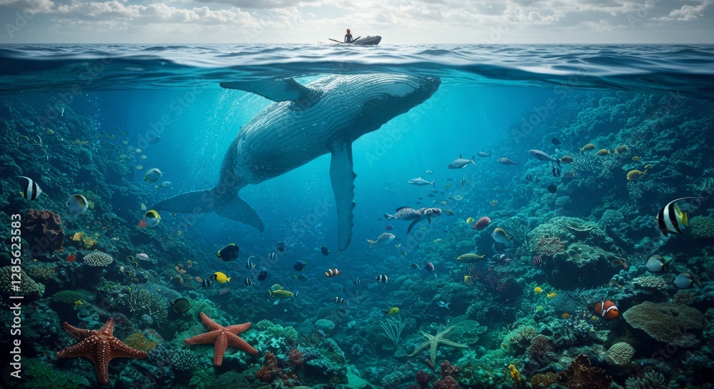 Fototapeta premium Beneath the Waves A Humpback Whale's Underwater Paradise Abounds with Life