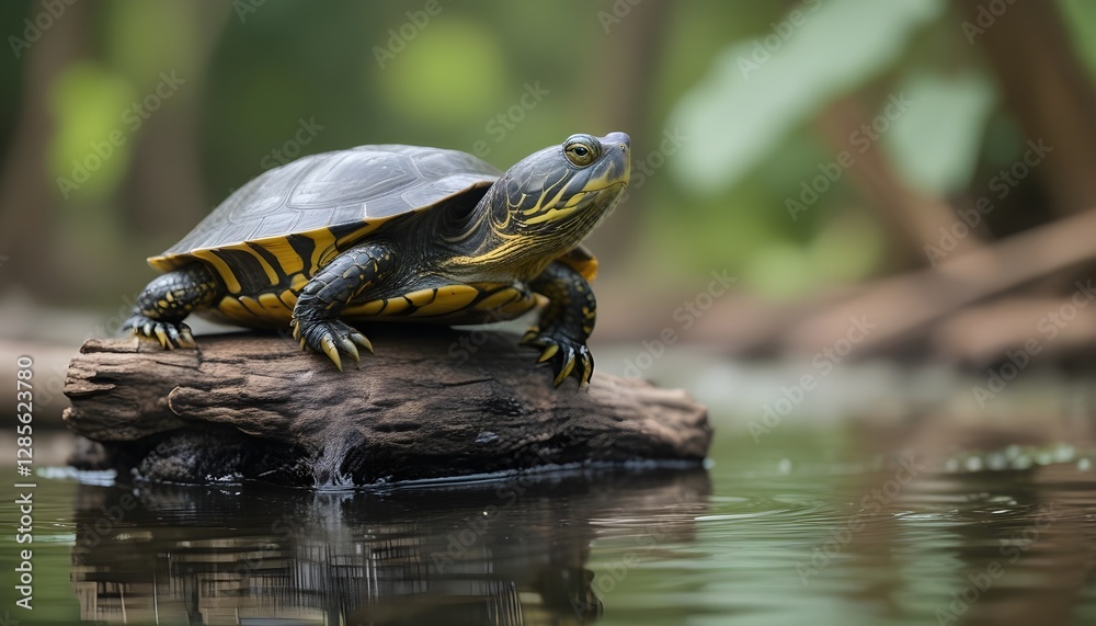 A yellow-bellied slider turtle sitting on a log in a pond, with a blurred green background A yellow-bellied slider turtle sitting on a log in a pond, with a blurred green background