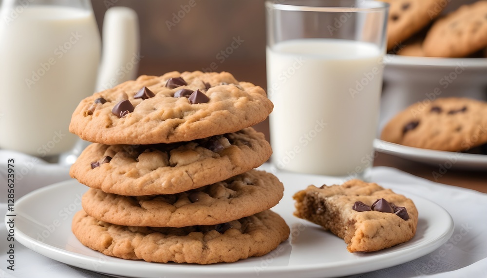 Oatmeal cookies with chocolate chips on a plate, with a glass of milk in the background Oatmeal cookies with chocolate chips on a plate, with a glass of milk in the background