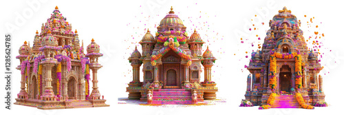 A Set of Exquisite Temple Decor for Holi Festival with Vivid Ornamentation and Spirit, Isolated on transparent Background