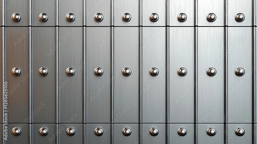 A close-up of metallic mailbox compartments with shiny knobs and a sleek design. A close-up of metallic mailbox compartments with shiny knobs and a sleek design.