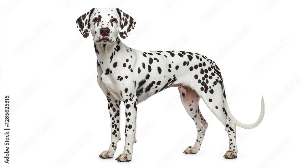 A spotted Dalmatian dog standing confidently, ears perked up against a white background