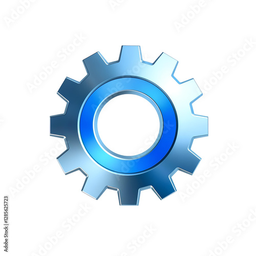 3D gear icon, metallic silver and blue, Isolated on a transparent PNG background