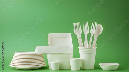 Ecofriendly disposable white biodegradable plates cups forks spoons and bowls set food party clean