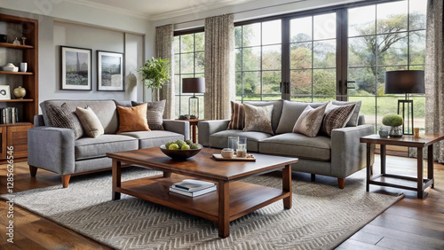 Modern Gray Sofa and Coffee Table Set in a Sunny Living Room