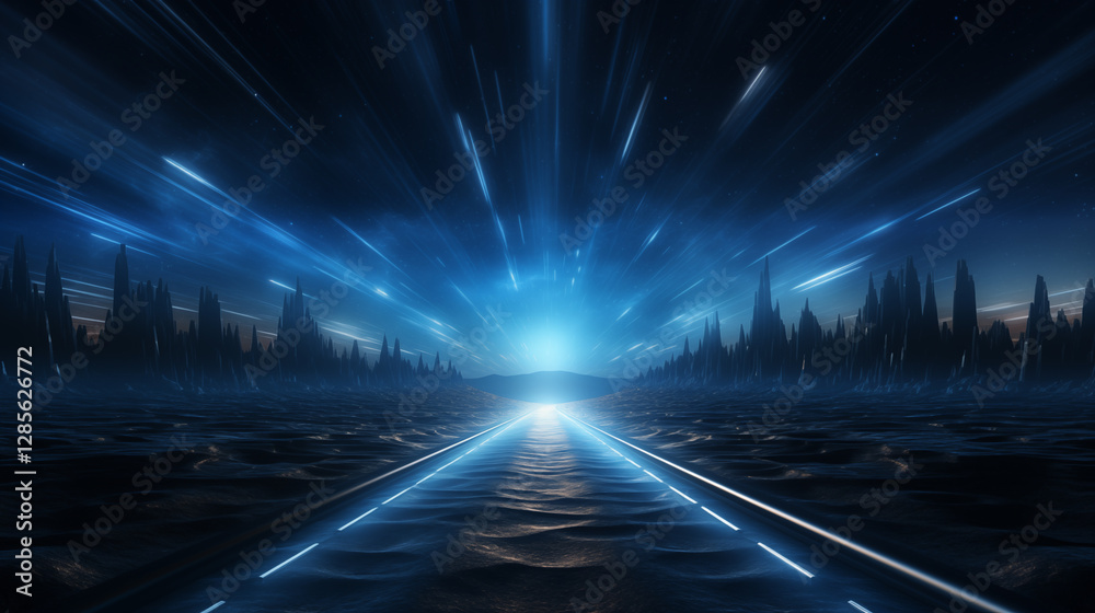 Glowing road into virtual reality or cyberspace, abstract minimal dark background. Future cyber metro railway on black. Abstract high technology lines connect, future High-tech Space. Glowing road into virtual reality or cyberspace, abstract minimal dark background. Future cyber metro railway on black. Abstract high technology lines connect, future High-tech Space.