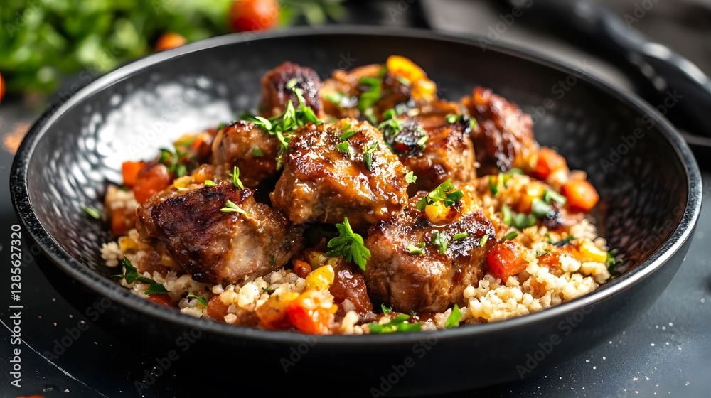 Delicious Lamb Stew with Couscous and Vegetables Garnished with Fresh Herbs : Generative AI Delicious Lamb Stew with Couscous and Vegetables Garnished with Fresh Herbs : Generative AI