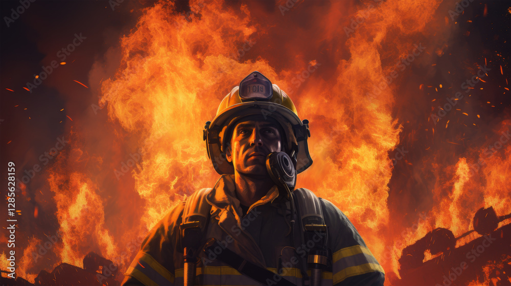 Obraz premium firefighter with forest fire on night