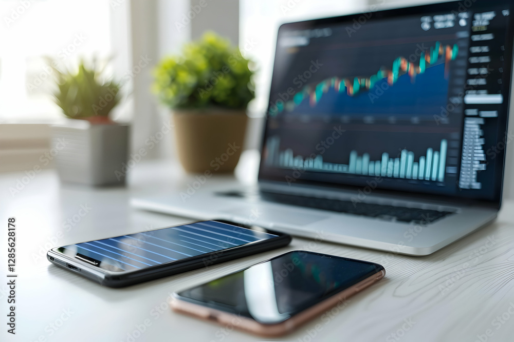 Modern workspace with laptops and smartphones displaying financial data and greenery Modern workspace with laptops and smartphones displaying financial data and greenery