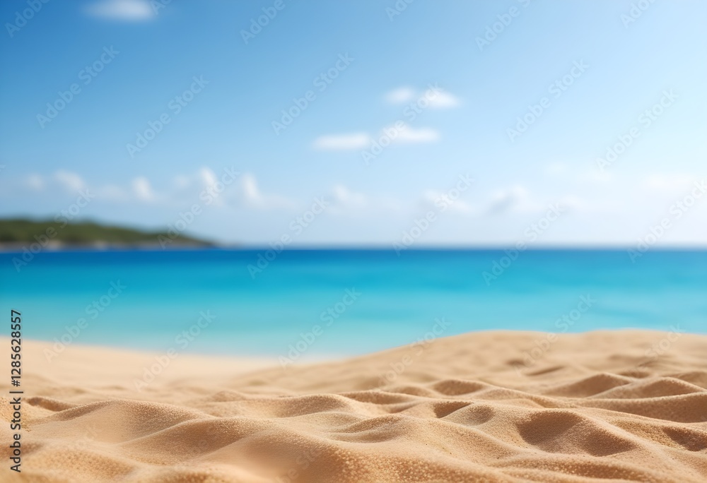 Fototapeta premium Sandy beach with turquoise ocean and blue sky in the background