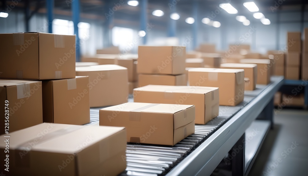 Cardboard boxes on a conveyor belt in a warehouse, with blurred background lights Cardboard boxes on a conveyor belt in a warehouse, with blurred background lights
