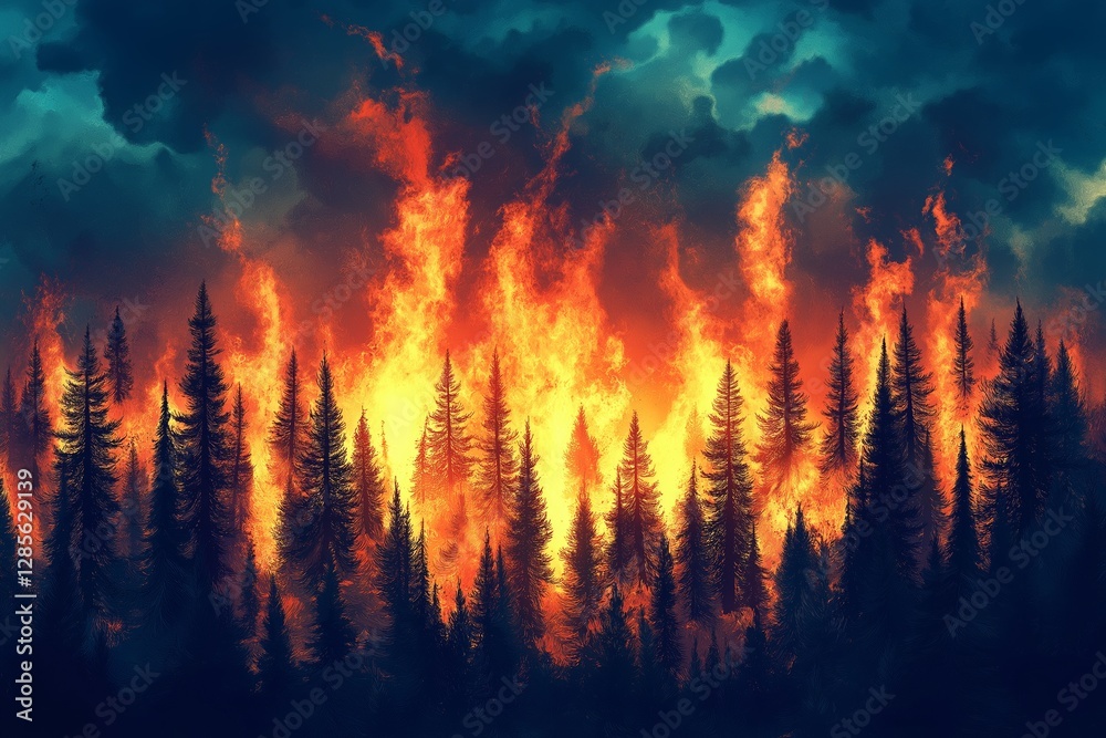 Dramatic forest fire with towering flames engulfing trees under a moody dark sky, highlighting the power and danger of wildfires Dramatic forest fire with towering flames engulfing trees under a moody dark sky, highlighting the power and danger of wildfires