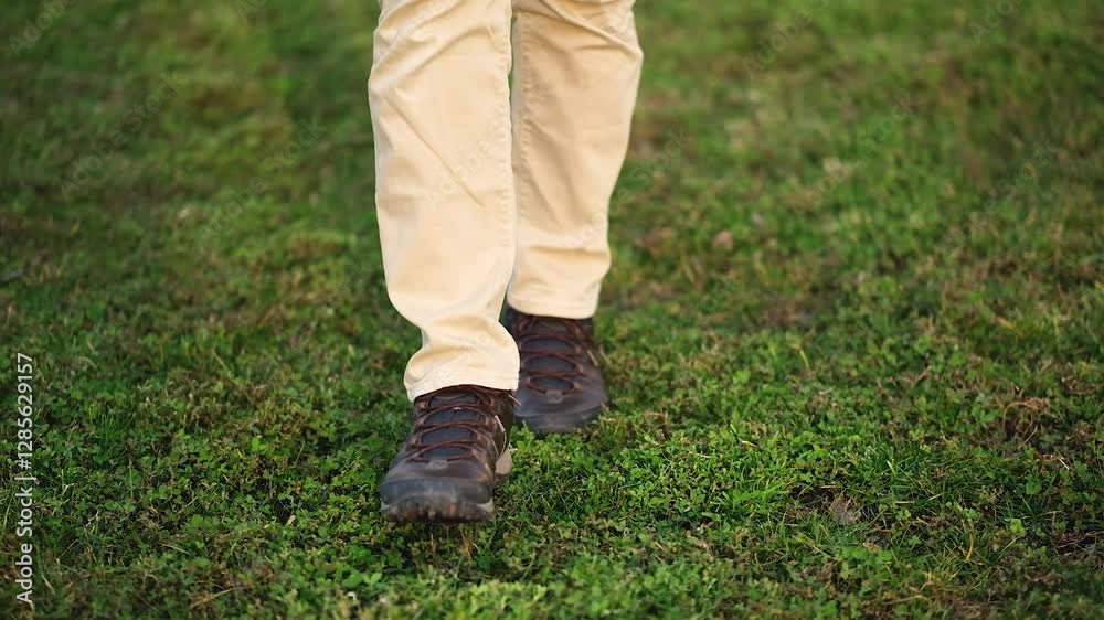 Man in casual shoes and light-colored jeans walking in grass, front close-up view of feet Man in casual shoes and light-colored jeans walking in grass, front close-up view of feet