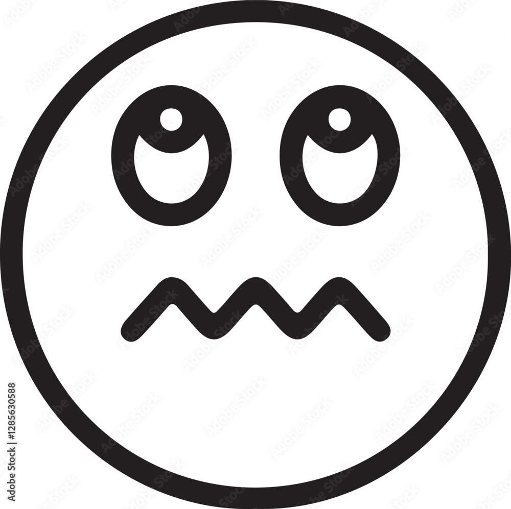 An illustration of a round face with eyes looking upwards and lips biting, showing an expression of holding something in or resisting An illustration of a round face with eyes looking upwards and lips biting, showing an expression of holding something in or resisting
