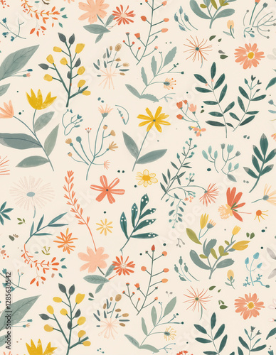 Whimsical Floral Pattern Delicate Blooms and Elegant Greenery Seamless Design