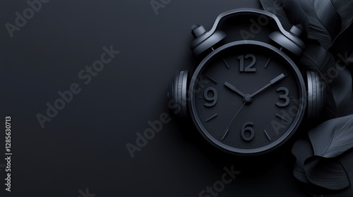 A sleek black alarm clock rests on a dark surface, surrounded by soft textures, Ideal for concepts such as time management, productivity, or minimalist designs, suitable for posters, blogs photo