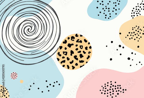 a mix of abstract shapes and designs, including a spiral, a leopard print circle, and scattered dots in various colors.